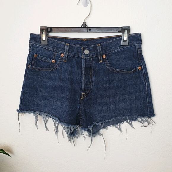 LEVI'S 501 Dark Wash Frayed Cut Off Shorts Button Fly Boho Size 27